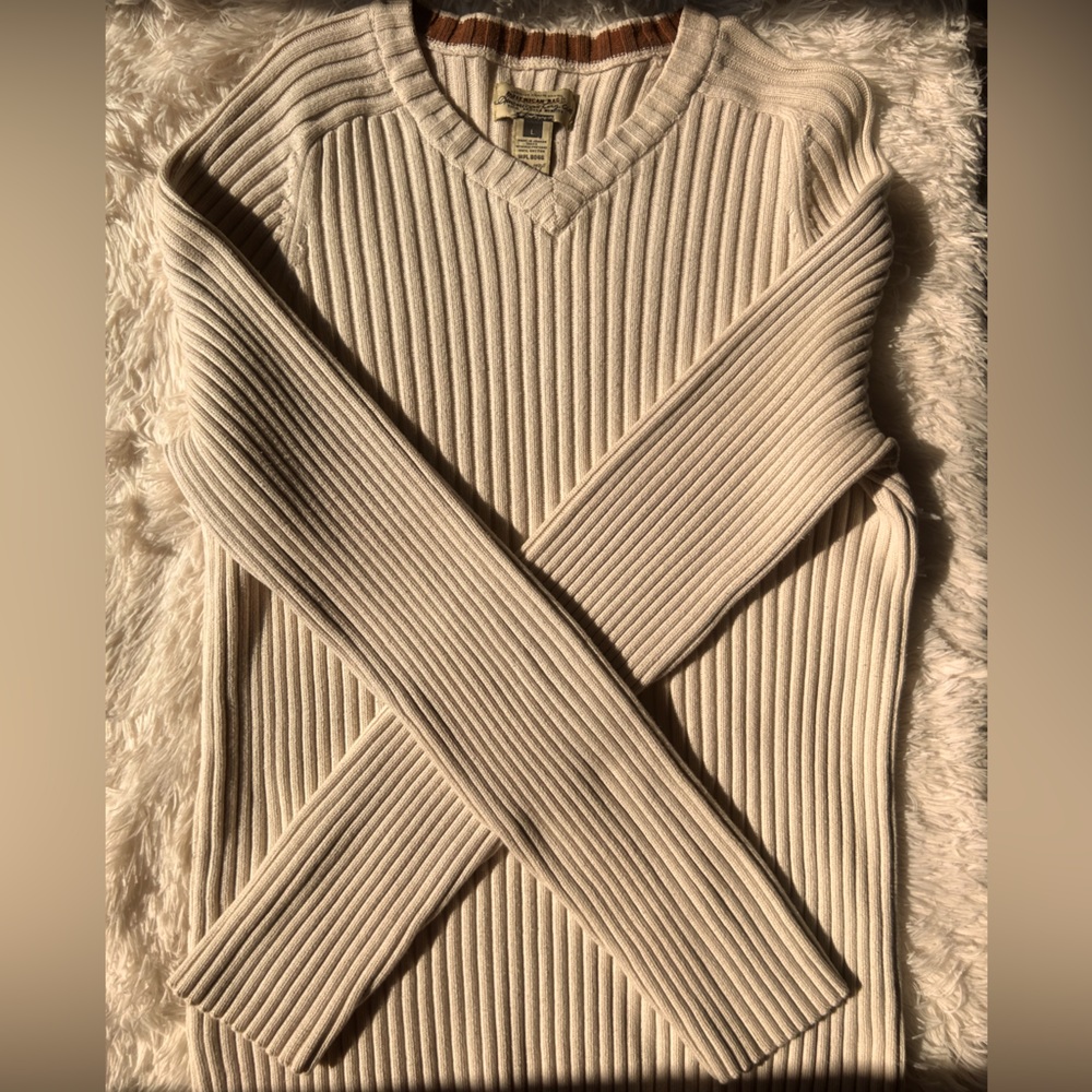 American Rag Ribbed V-Neck Sweater, off white/beige, (L)Large